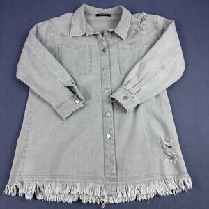 Blue B Collection Sage Green Distressed Fringe 100% Cotton Shacket Thunderbird S